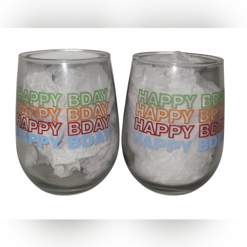 2 Piece Colorful Happy Birthday Stemless Wine Glasses